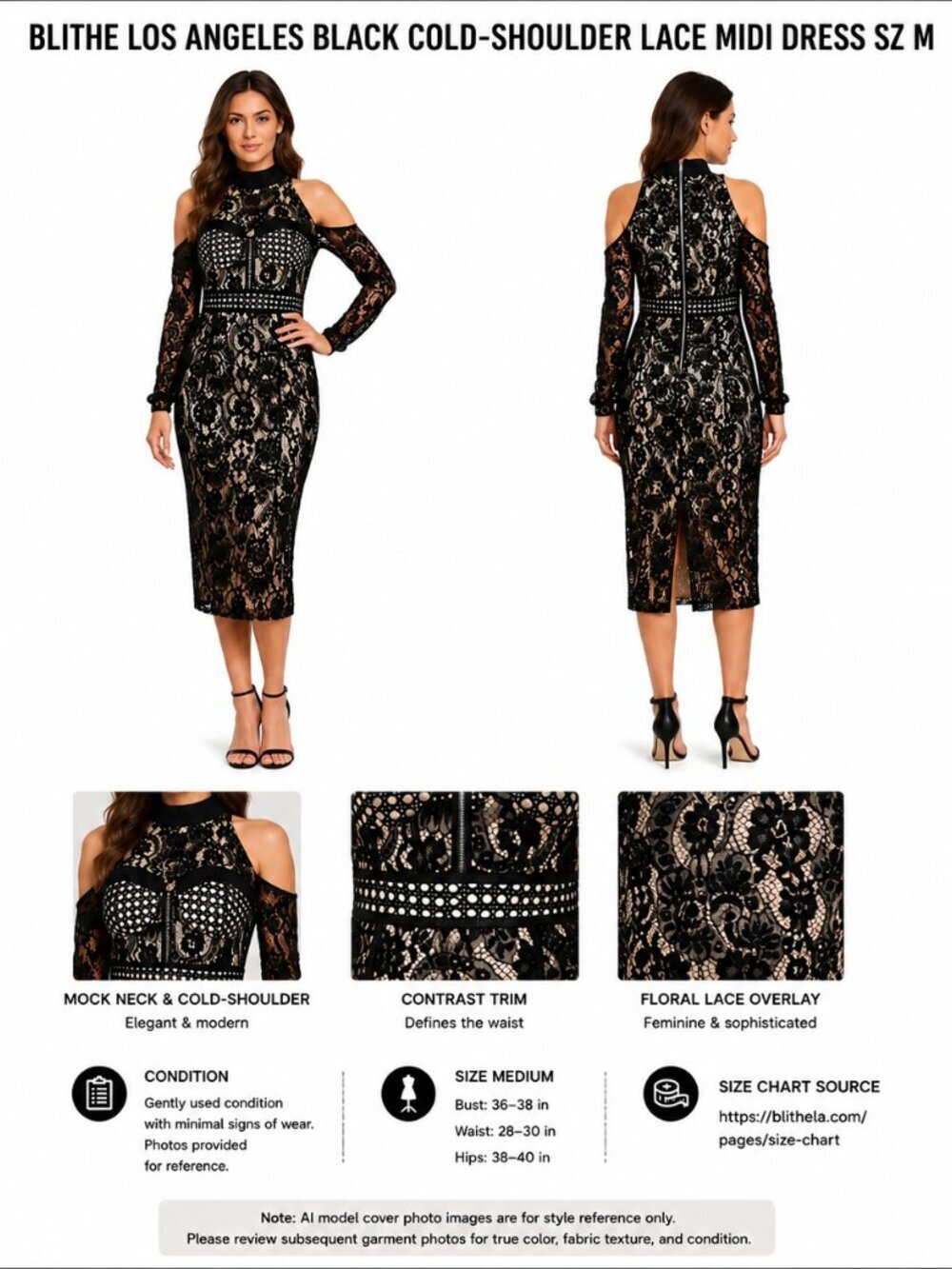 BLITHE LOS ANGELES BLACK COLD-SHOULDER LACE MIDI DRESS SZ M